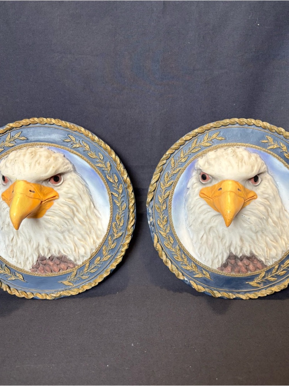 1999 3D Ceramic Pair of Bald Eagle Heads Round Wall Plaques in Blue and Gold